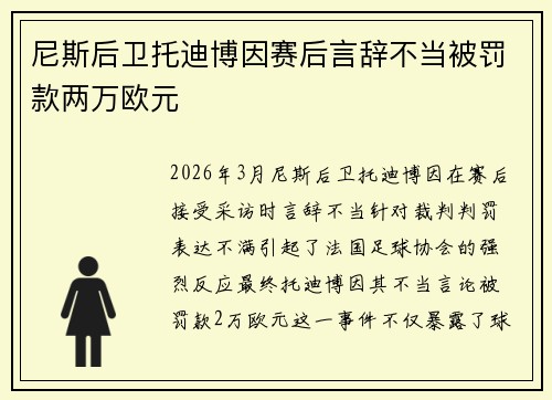 尼斯后卫托迪博因赛后言辞不当被罚款两万欧元 尼斯后卫托迪博因赛后言辞不当被罚款两万欧元
